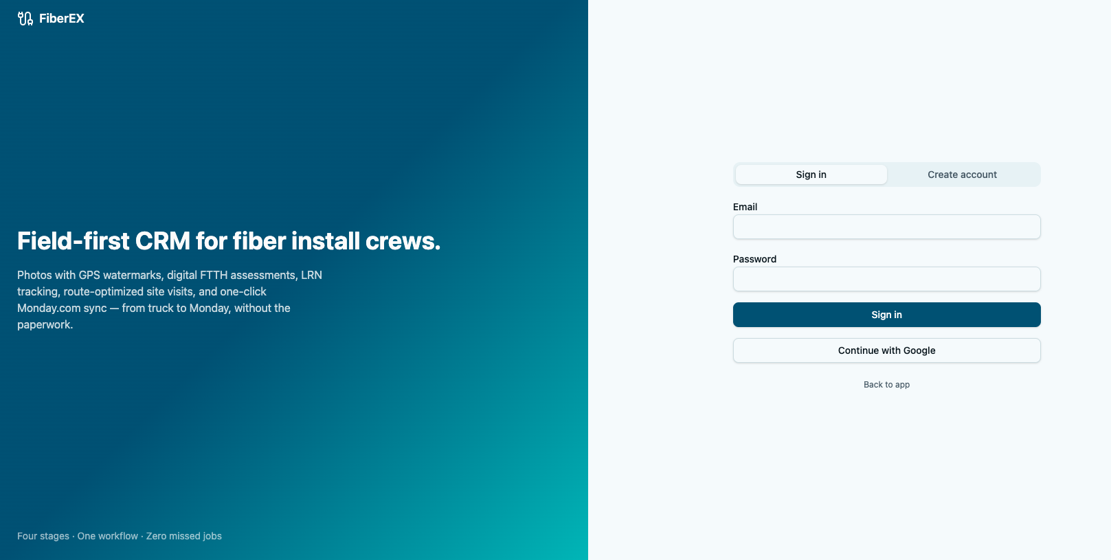 FiberEX sign-in screen: field-first CRM for fiber install crews