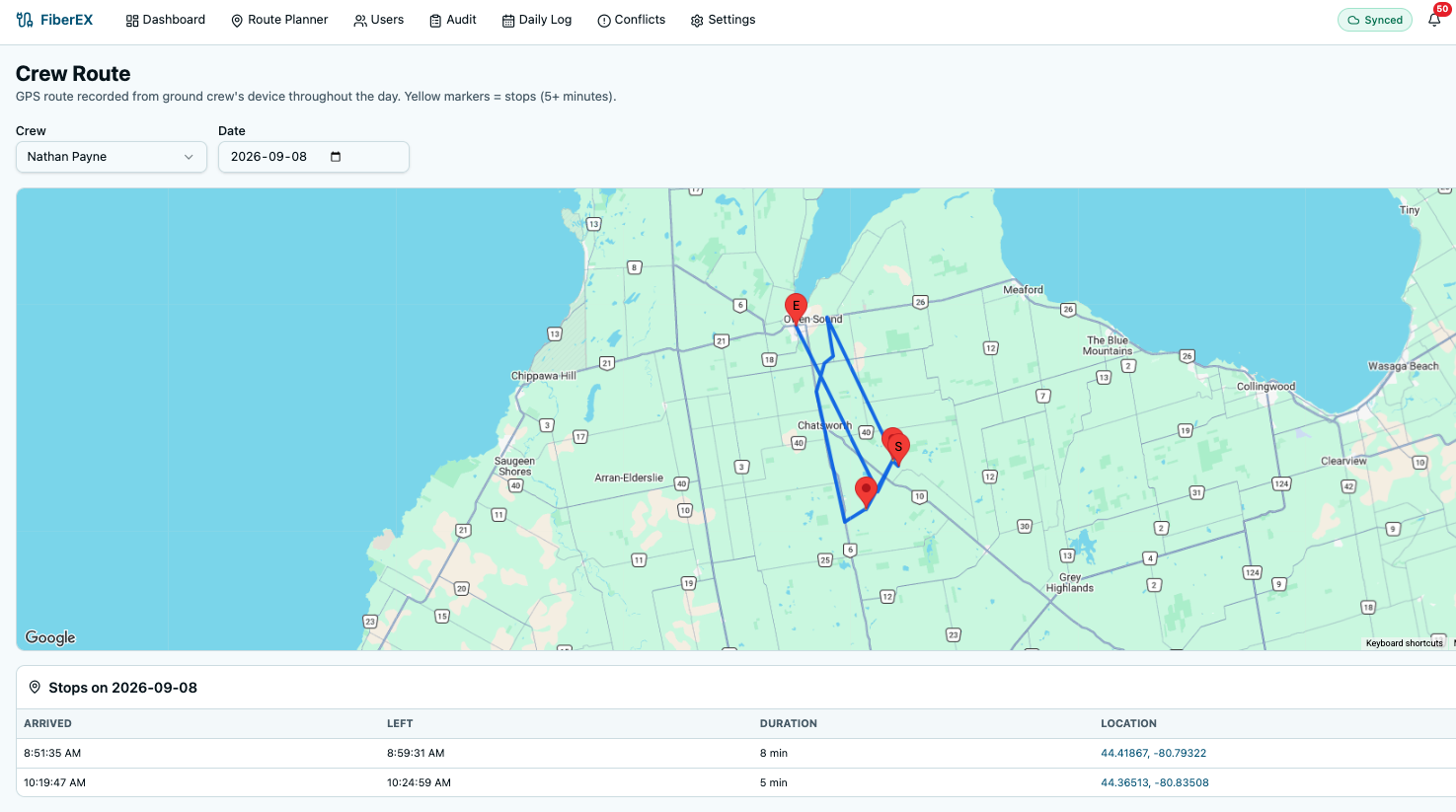 FiberEX crew route screen showing a recorded GPS route on a map with a stops table