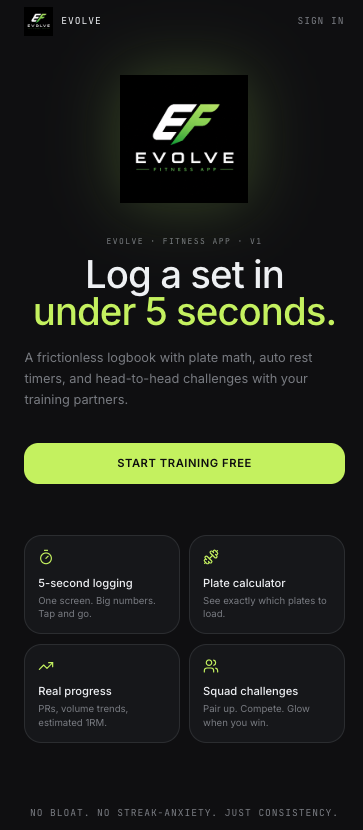 Evolve fitness app home screen: log a set in under 5 seconds