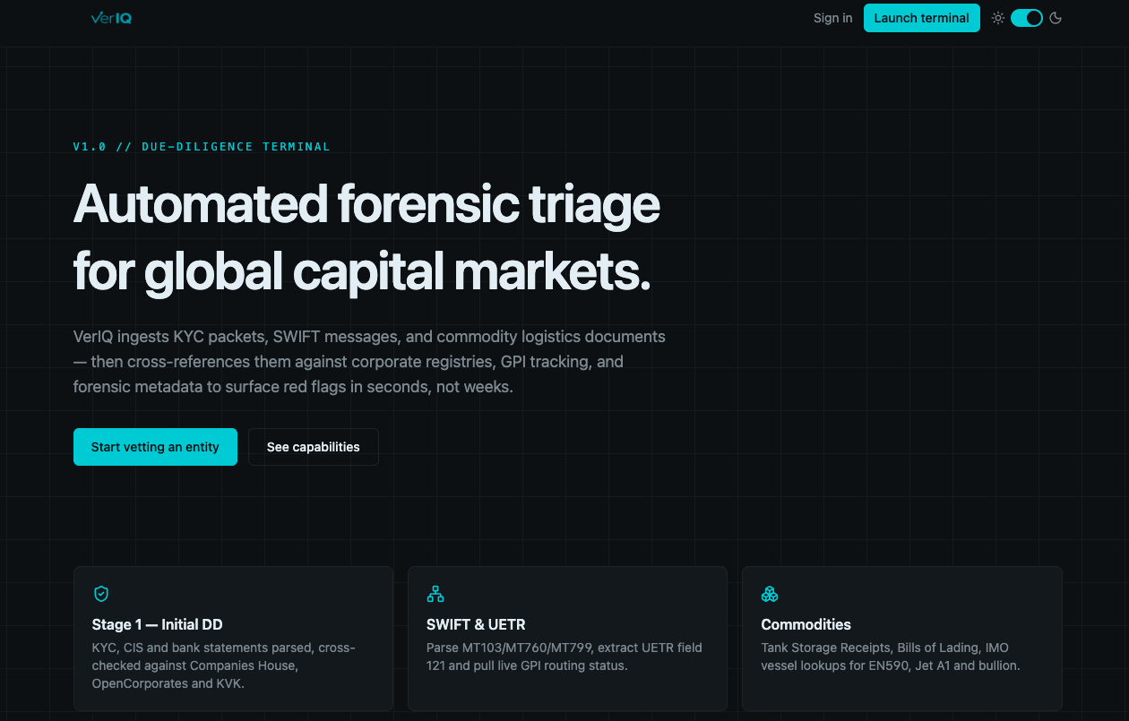 VerIQ terminal home screen: automated forensic triage for global capital markets